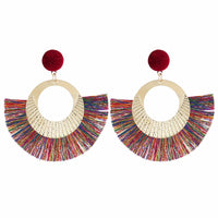 Bohemian national wind geometry round fan large tassel earrings