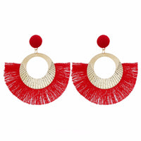 Bohemian national wind geometry round fan large tassel earrings